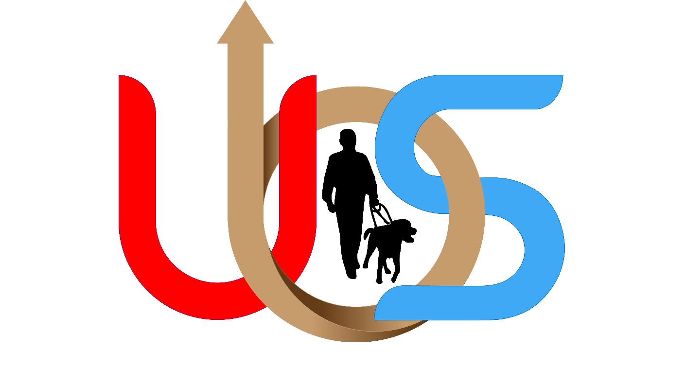 United Blind of Seattle Logo. 
LETTERS (UBS) in color with Black outline of man and service dog.